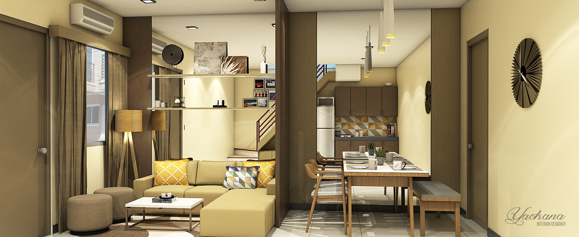 Rendered living and dining area